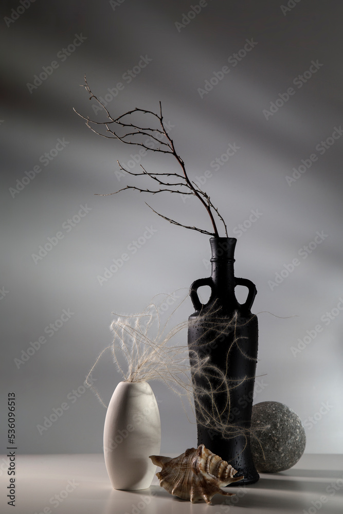 Modern still life with dry branches in a vase and a shell