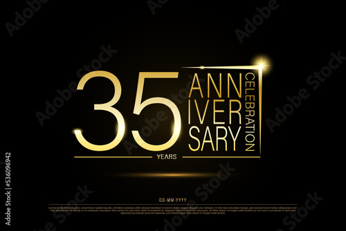 35 years anniversary golden gold logo on black background, vector design for celebration.