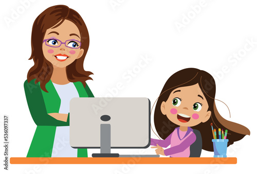 cute girl and mother working with his computer at the table