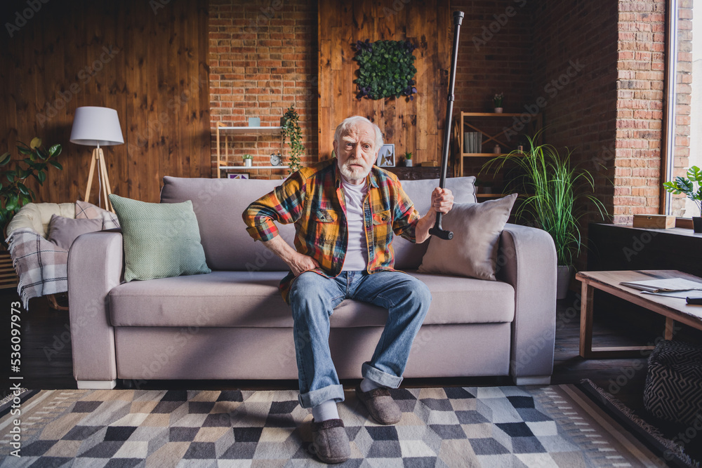 Obraz premium Photo of unhappy irritated man pensioner wear checkered shirt rising walking cane sitting sofa indoors house room