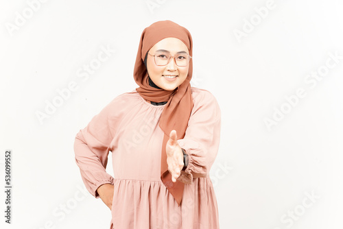 Offering Shake hand of Beautiful Asian Woman Wearing Hijab Isolated On White Background