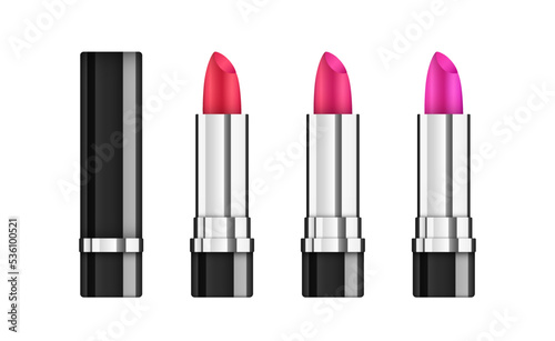Vector red lipstick realistic open tube on white background. Makeup black container cap mockup. Woman cosmetics advertising isolated 3d set. Beauty gloss object sale kit. Lip stick silver package