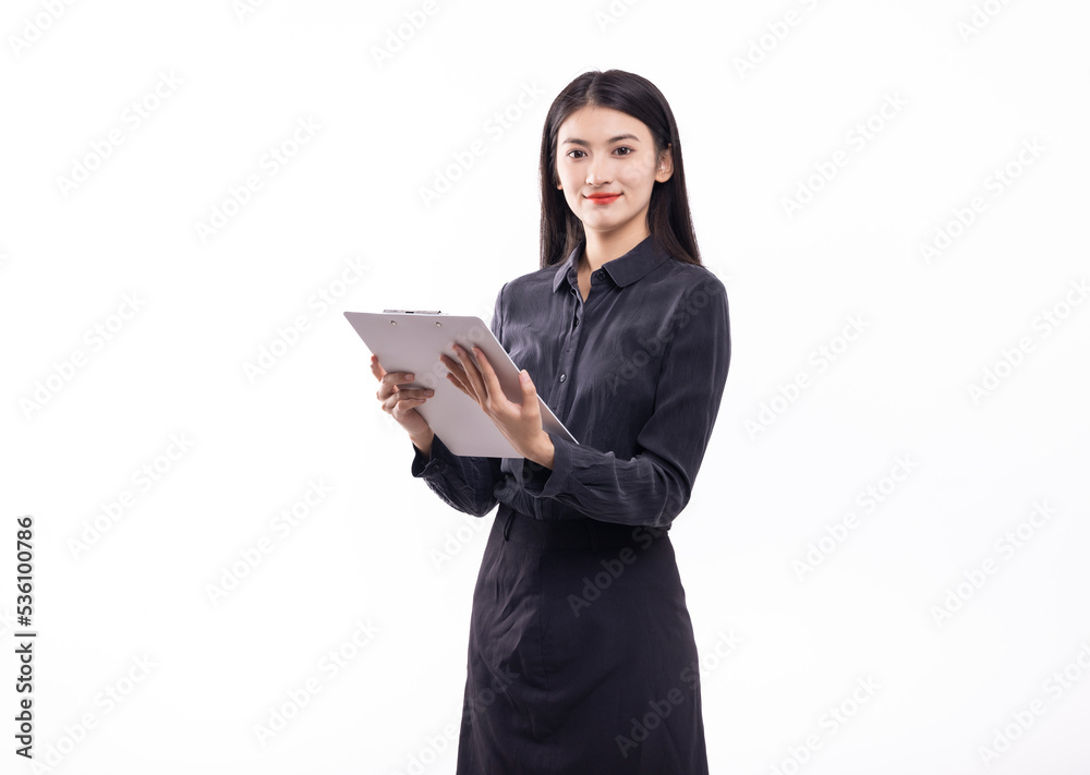 A business woman with a computer and a black skirt on a white background A business woman with a computer and a black skirt on a white background