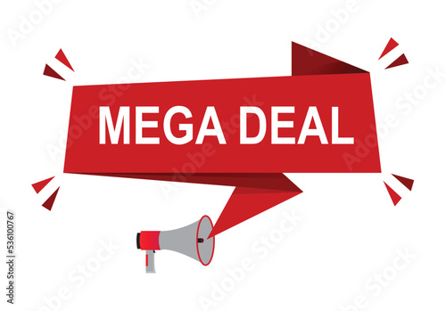 Mega Deal vector illustration. Red vector banner with megaphone and white background.
