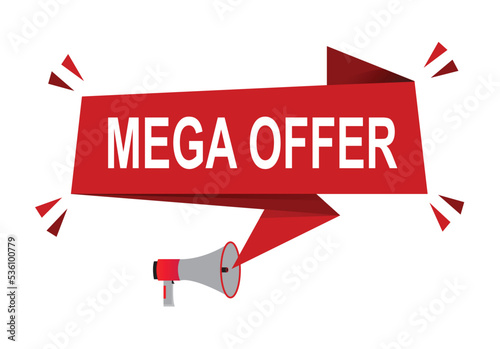 Mega Offer vector illustration. Red vector banner with megaphone and white background.