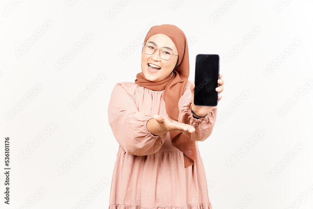 Showing Apps On Blank Screen Smartphone of Beautiful Asian Woman Wearing Hijab Isolated On White Showing Apps On Blank Screen Smartphone of Beautiful Asian Woman Wearing Hijab Isolated On White