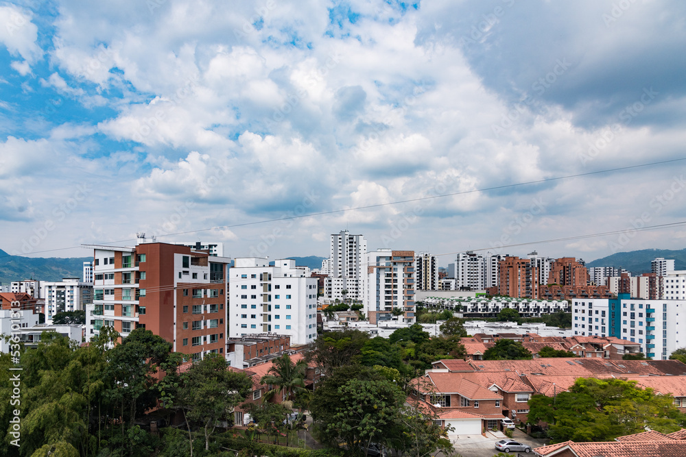 Pereira, Risaralda, Colombia. February 3, 2022: Panoramic landscape in the city with blue sky.