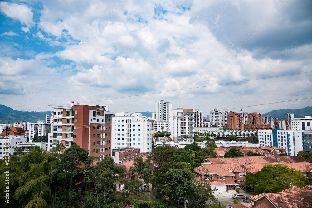 Pereira, Risaralda, Colombia. February 3, 2022: Panoramic landscape in the city with blue sky.