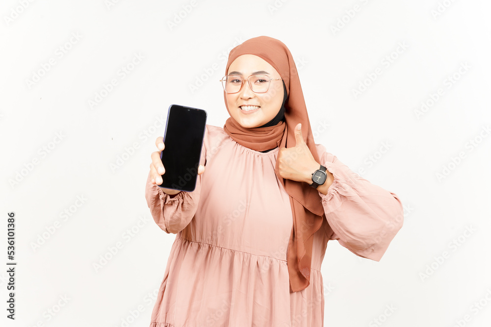 Showing Apps On Blank Screen Smartphone of Beautiful Asian Woman Wearing Hijab Isolated On White Showing Apps On Blank Screen Smartphone of Beautiful Asian Woman Wearing Hijab Isolated On White