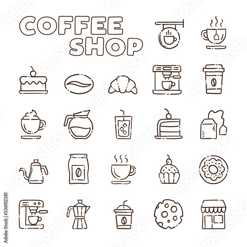 Cafe shop. Set of hand drawn coffee and tea doodles: drinks, desserts, beans and other related objects.