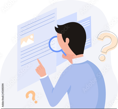 A male employee is looking for a file through a magnifying glass. The guy reads the inscription on the document. Flat vector illustration