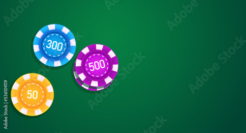Vector poker chips on green casino table, top view. Gambling round dice, realistic illustration. Win big money in poker. Roulette leisure template. Risky gaming pack flat lay. Gamble gaming background