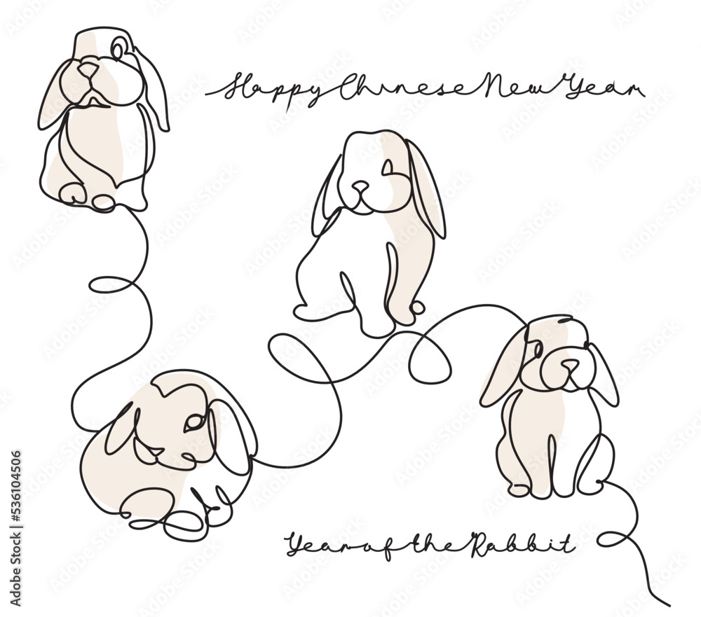 Obraz premium Continuous one line drawing of Bunny symbol of 2023 year. Fluffy rabbit silhouette with ears in simple linear style for winter design greeting card and web banner. Doodle Vector illustration