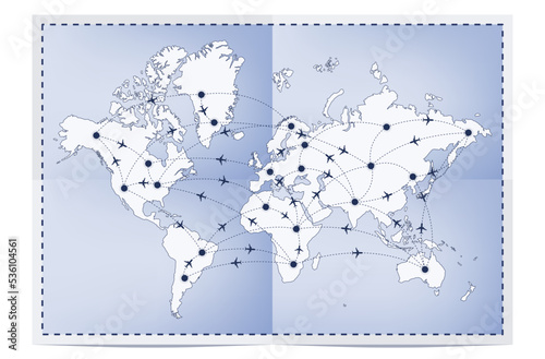 Paper world map with flight routes. Vector illustration.