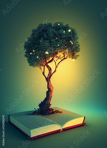 Tree growing from opened old book