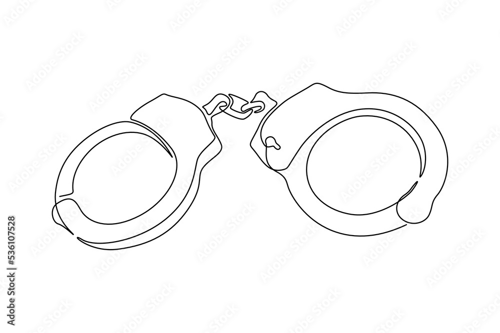 One continuous line drawing of closed handcuffs. Symbol of police ...