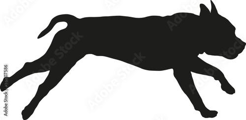 Running and jumping american staffordshire terrier puppy. Black dog silhouette. Pet animals. Isolated on a white background. Vector illustration.