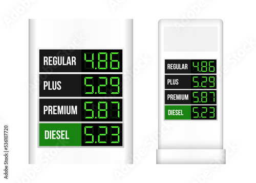 Gas station display stand, vector template isolated on white background. Fuel price led screen billboard mockup. Electronic pixel tablo gasoline cost. Petrol car service live banner. Alphabet, numbers