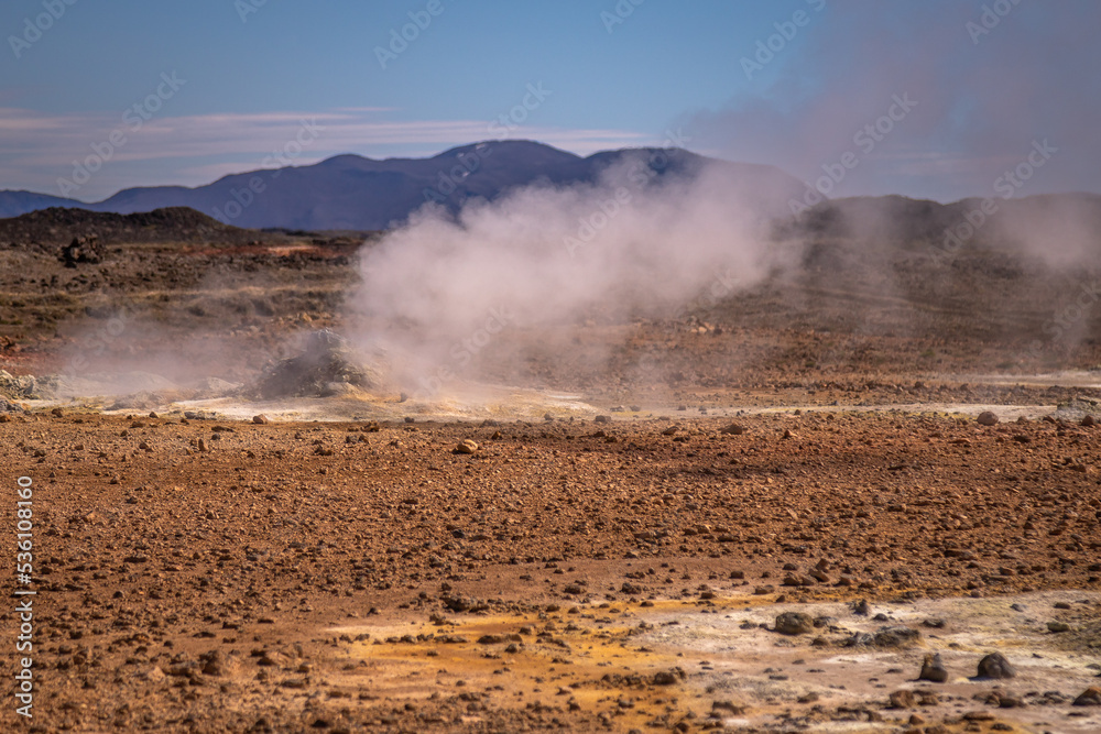 Exposure of Hverir, one of the most active geothermal areas in all of Iceland. Know for its ochre coloured landscapes and the numerous fumaroles and boiling mud pools dotted over its moon-like terrain