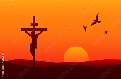 Jesus Christ vector illustration. God resurrection process. Easter holiday poster. Process crucifix on holy hill. Catholic christ symbol. Holy spirit beautiful wallpaper. Biblical spirit background