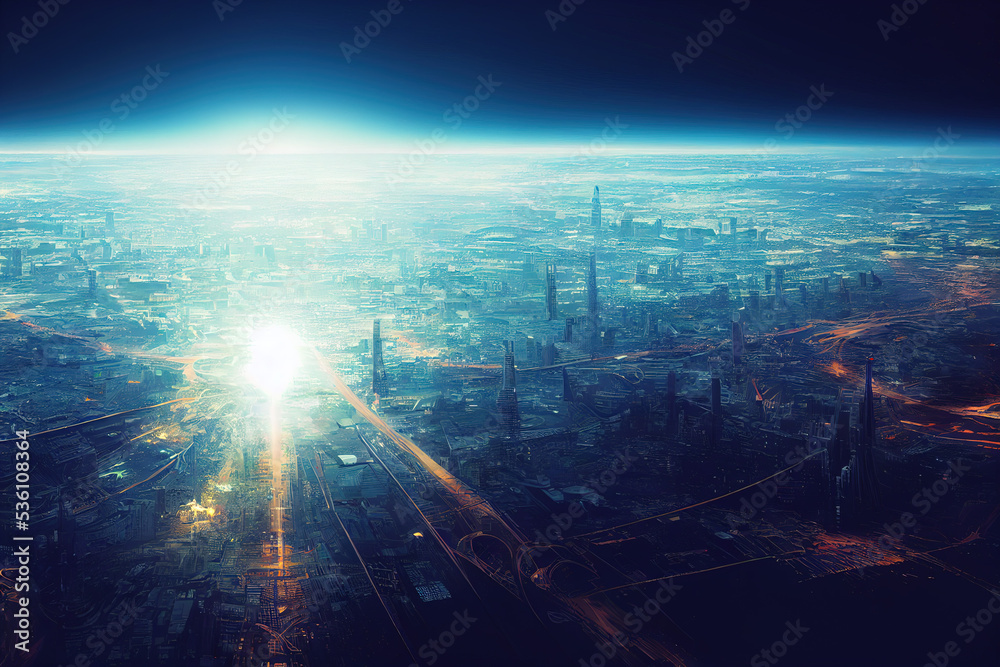 Planet of the future. City landscape. Futurism illustration concept.