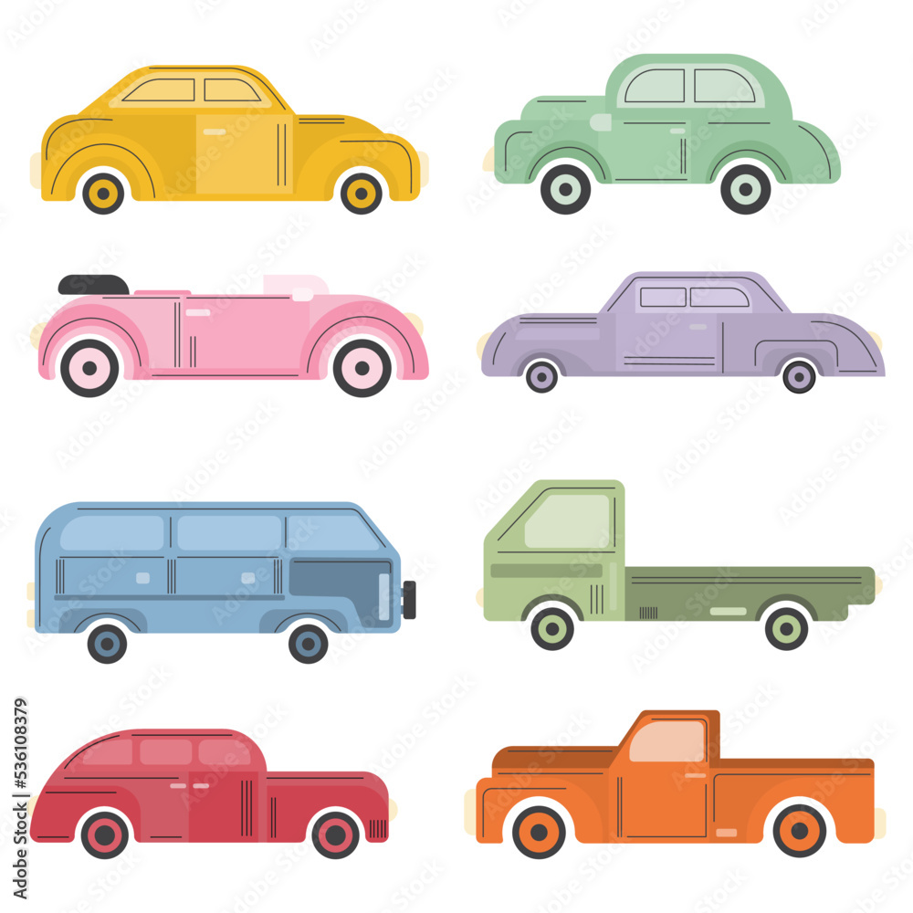 Set of flat cars in cute hand drawn vector style. Taxi and minibus, convertible and pickup. Urban cars and vehicles vector flat icons. Convertible and truck, car and retro car, modern icons.
