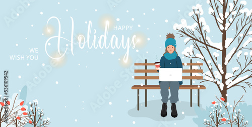 Vector Christmas card with young girl sitting on a bench in a park with coffee and a laptop. Concept of remote work, freelancing or studying online. Flat vector illustration