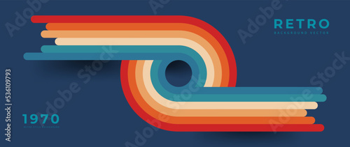 Abstract retro 70s background vector. Colorful vintage 1970 stylish wallpaper with lines, stripes, curve, circle shapes. Illustration design suitable for poster, banner, decorative, wall art. 