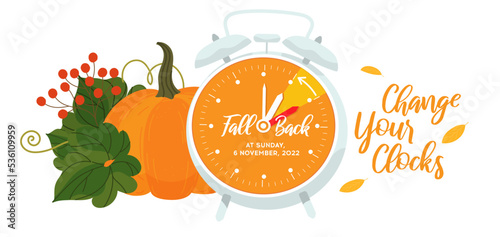 Fall Back 2022, 6 November. Set the clock back one hour. Daylight Savings Time Ends Sunday, Reminder Web Banner. Alarm clock with arrow turning back one hour, cozy vector illustration