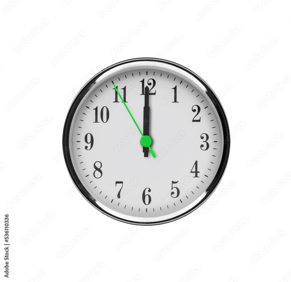 White wall clock isolated on white background. Twelve o'clock noon or night. Noon. White wall clock isolated on white background. Twelve o'clock noon or night. Noon.