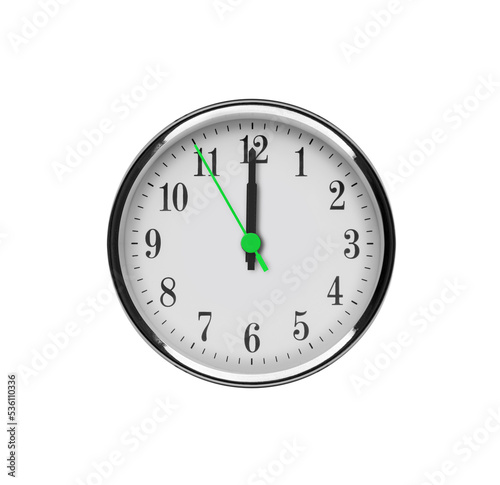 White wall clock isolated on white background. Twelve o'clock noon or night. Noon.