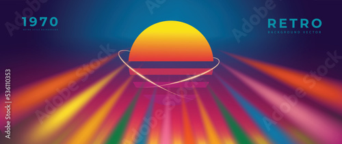 Abstract colorful background vector. 70s retro vintage style creative cover with rainbow light, ray, groovy texture, 1970 color. Trippy illustration design for decorative, wall art, poster, banner.