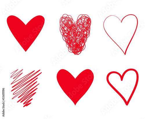 Colorful grunge hearts on isolated white background. Hand drawn set of love signs. Unique abstract image for design. Line art creation. Colored illustration. Elements for poster or flyer