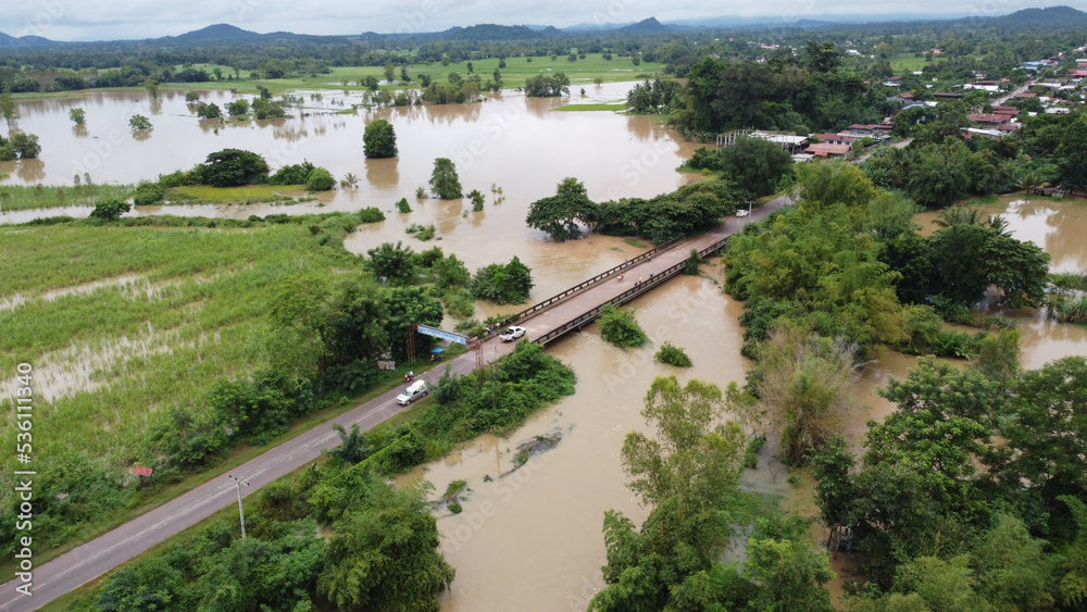 aerial view of flooded land, Thailand floods in Nongbualumphu