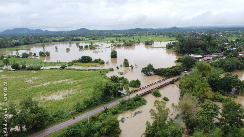 aerial view of flooded land, Thailand floods in Nongbualumphu