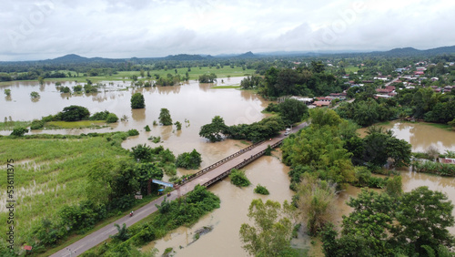 aerial view of flooded land, Thailand floods in Nongbualumphu