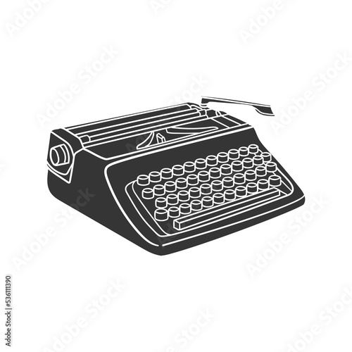 Retro Typewriter Icon Silhouette Illustration. Writer Vector Graphic Pictogram Symbol Clip Art. Doodle Sketch Black Sign.