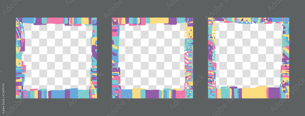 3 in 1 Square frames set 1x1. Abstract, bright colors doodle shapes. Multicolored Abstract frame set for social network, media, story, mobile apps, telephone, greeting card, NFTs. 3 in 1 Square frames set 1x1. Abstract, bright colors doodle shapes. Multicolored Abstract frame set for social network, media, story, mobile apps, telephone, greeting card, NFTs.