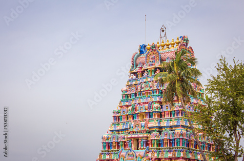 View of the one of the towers of Jambukeswarar Temple, Thiruvanaikaval which represent element of water. photo