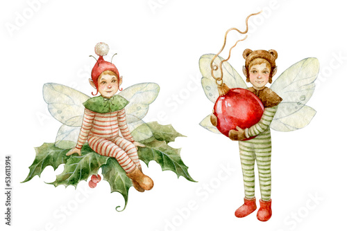 Watercolor christmas elves with christmas decoration. photo