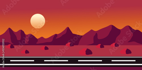 vector ilandscape flat ilustration with mountain and street. for background and banner.