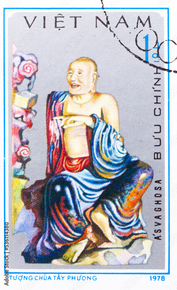 Postage stamp 'Asvaghosa' printed in Vietnam. Series: 'Statues in Tay Phuong pagoda', 1978
