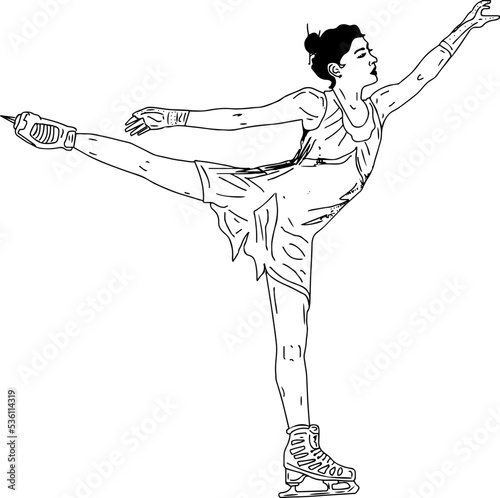 Female Figure skating player outline vector illustration, woman skating player sketch drawing, cartoon doodle silhouette of girl figure skating champion