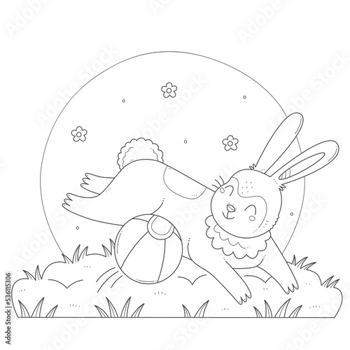 Cute rabbit is playing with a coloring pages ball. A running bunny with a toy children s coloring book. Vector black and white illustration.