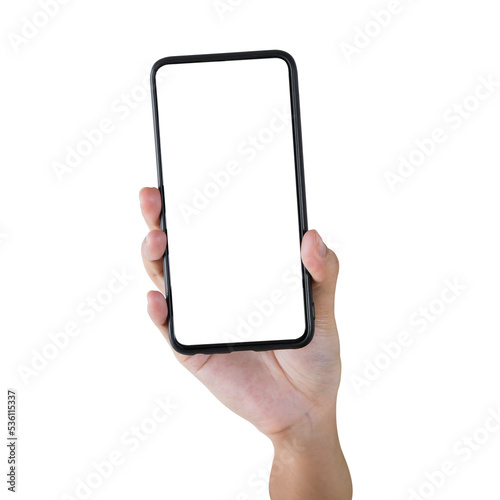 Woman hand holding phone isolated clipping path inside. Closeup hand holding new smartphone