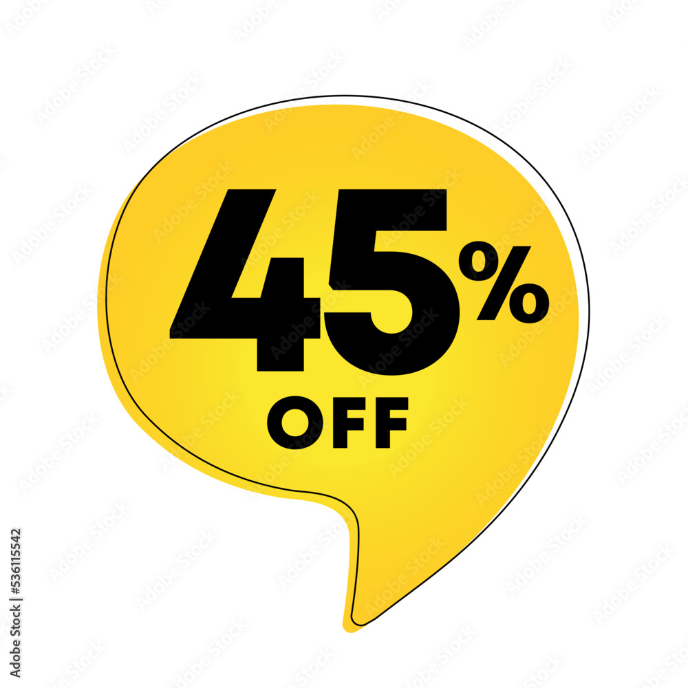 45% off. Sale of special offers. Discount on purchase price. Vector illustration. Ad with yellow tag for retail advertising campaign, mall 45% off. Sale of special offers. Discount on purchase price. Vector illustration. Ad with yellow tag for retail advertising campaign, mall