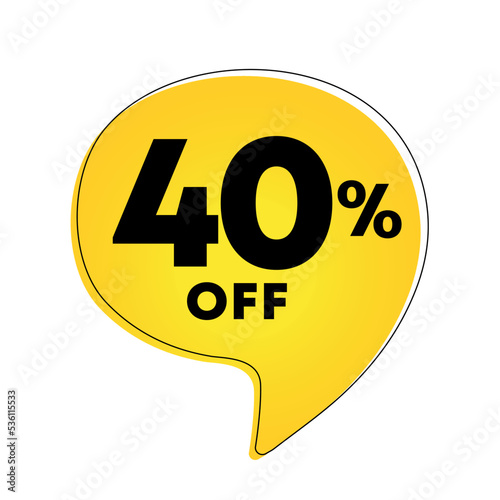 40% off. Sale of special offers. Discount on purchase price. Vector illustration. Ad with yellow tag for retail advertising campaign, mall