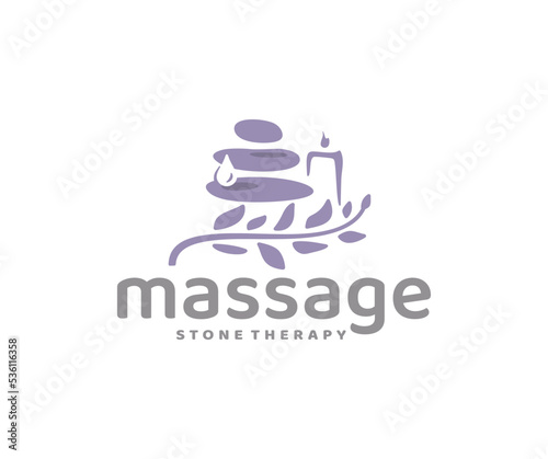 Medical spa treatment logo design. Hot stone therapy vector design. Massage aromatherapy oils with stones and burning candle logotype