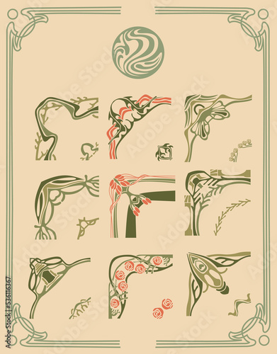 A set of vintage frames in pastel colors in Art Nouveau style