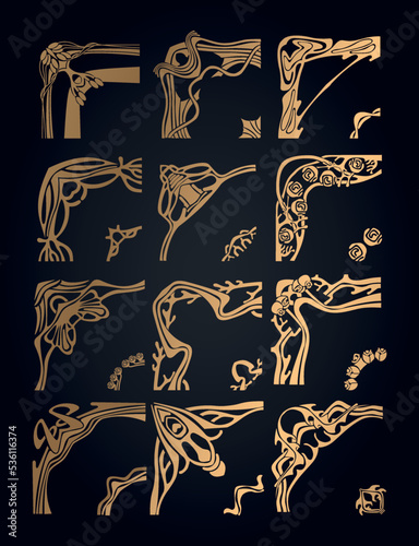 Set of gold vintage frames in art nouveau style